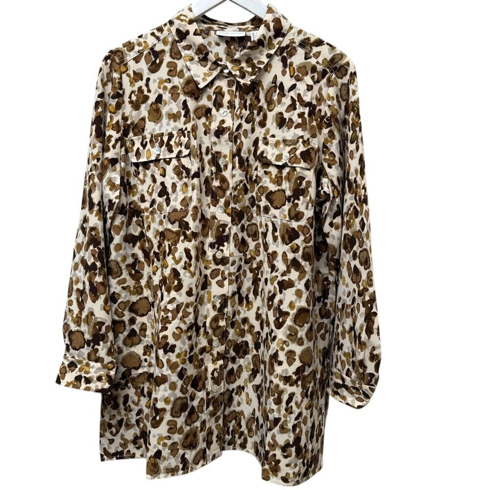 SUSAN GRAVER Womens Top Large Petite Leopard Brown Button Up Blouse NWOT